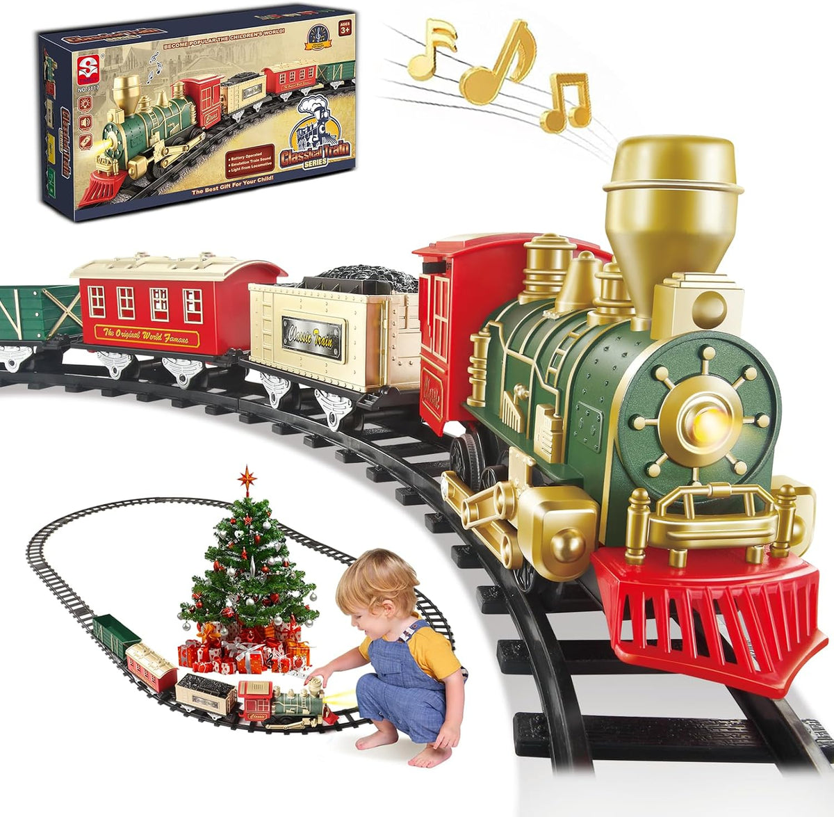 Electric Train Set for Kids Ages 4-8 - Green Red Gold