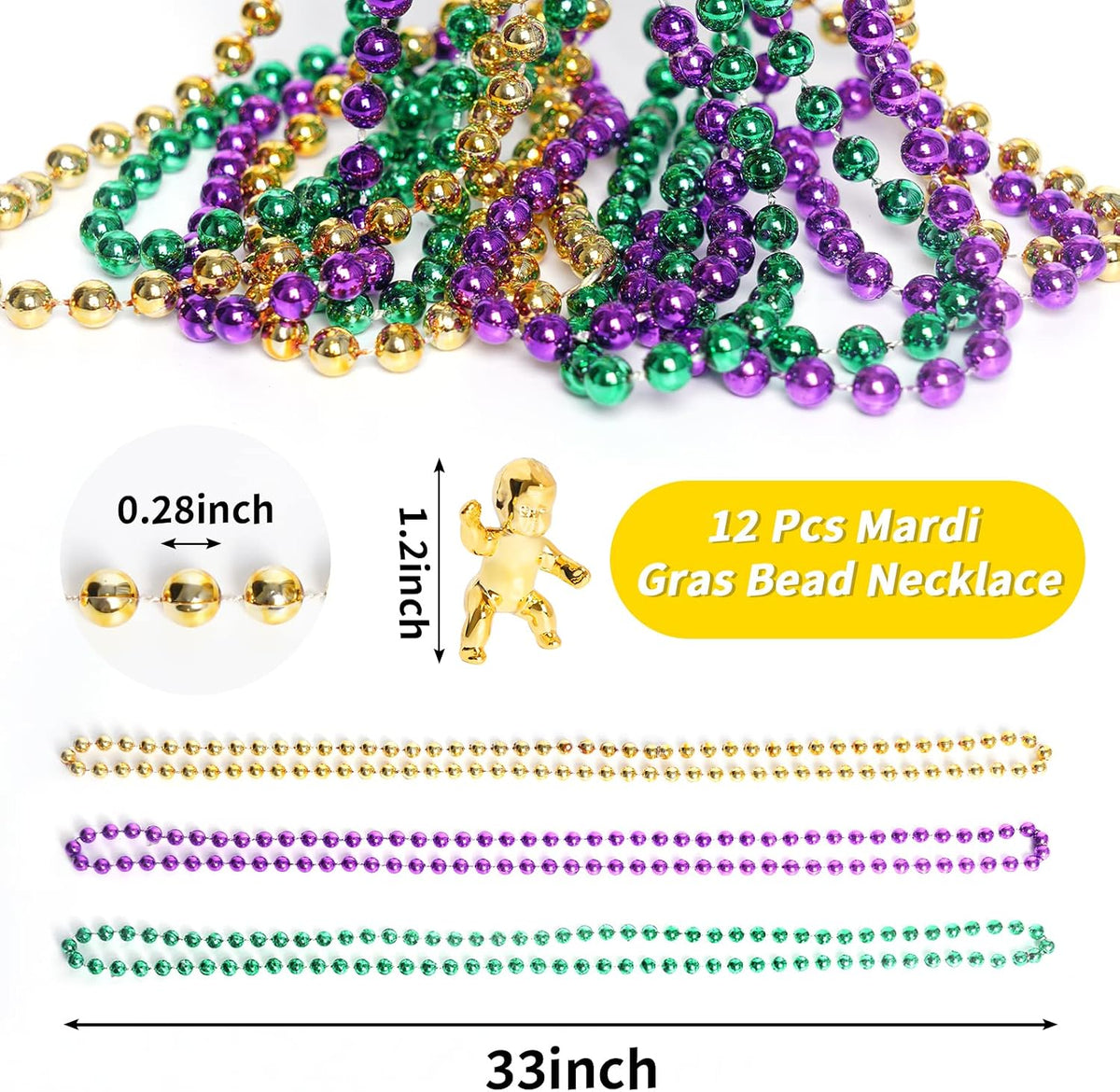 ZZYFGH 12 PCS Bead Necklace, 33'' Mardi Gras Beaded Necklaces – Fun for Kids & Family - Purple Gold Green - image 2