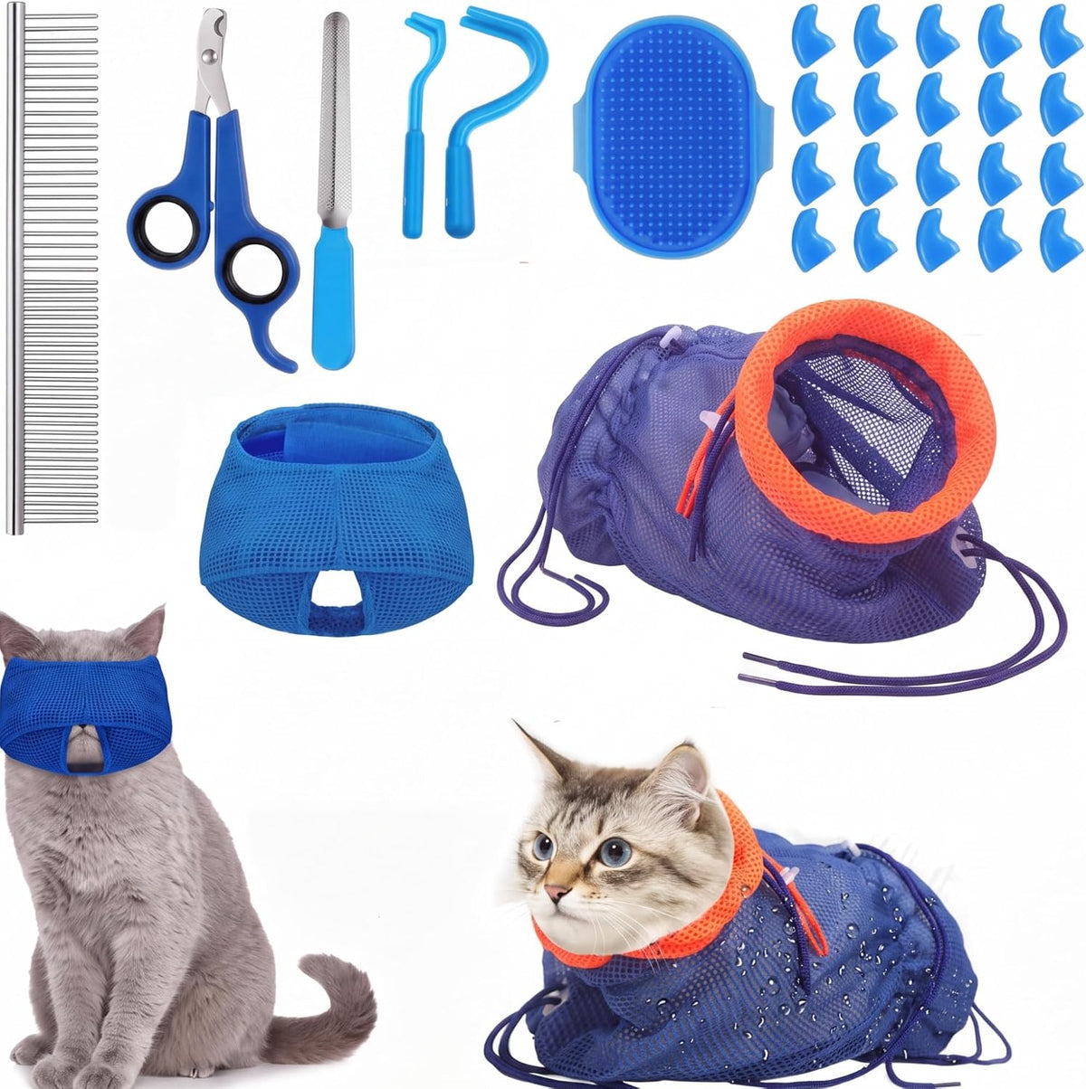 9 Pcs Cat Bathing Bag Set Cat Shower Bag - Navy Blue