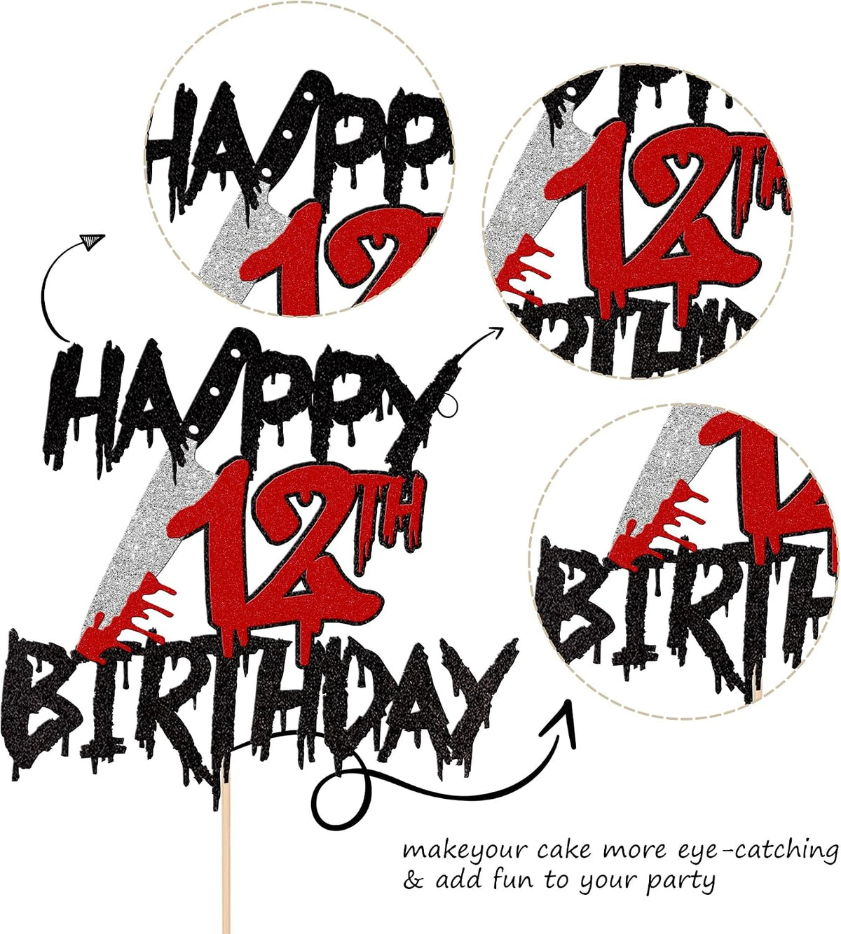 Zhuoweism Halloween horror Happy Birthday glitter cake topper on bamboo stick - view 33