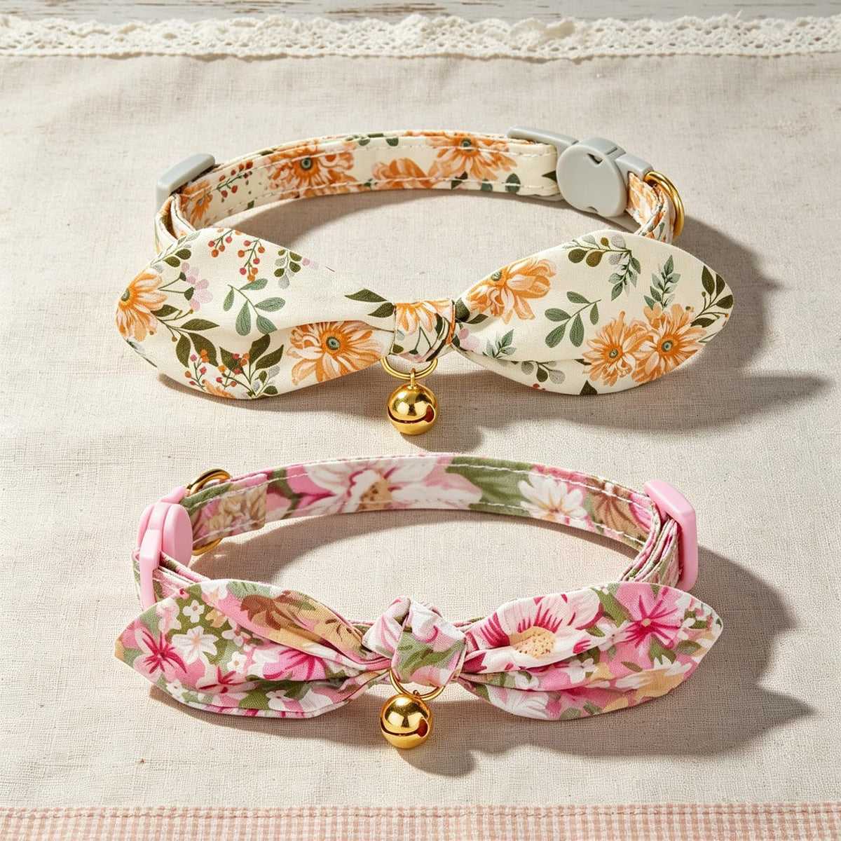 Cotton Bowtie Cat Collar with Bell 2 Pack Adjustable Breakaway Kitten - Floral Yellow + Pink / 7.5-11.4 Inch (Pack of 2) - image 2
