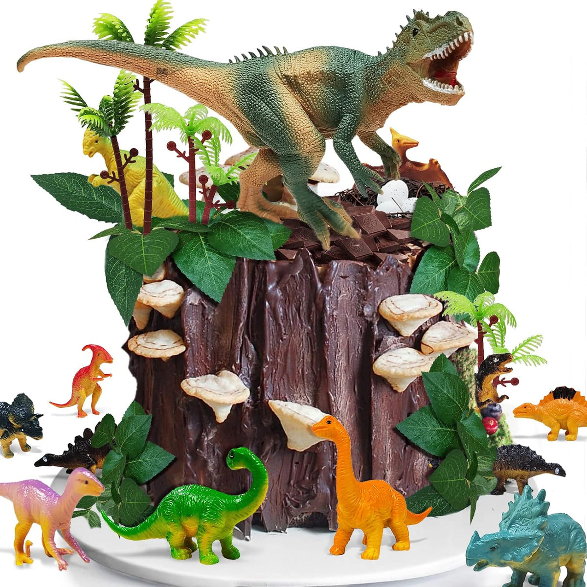 26 PCS Dinosaur Cake Toppers With Dinosaur Eggs Leaves Trees Cake