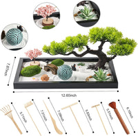 Thaibear desk zen garden kit with black wooden tray, white sand, stones, bonsai and bridge - view 2
