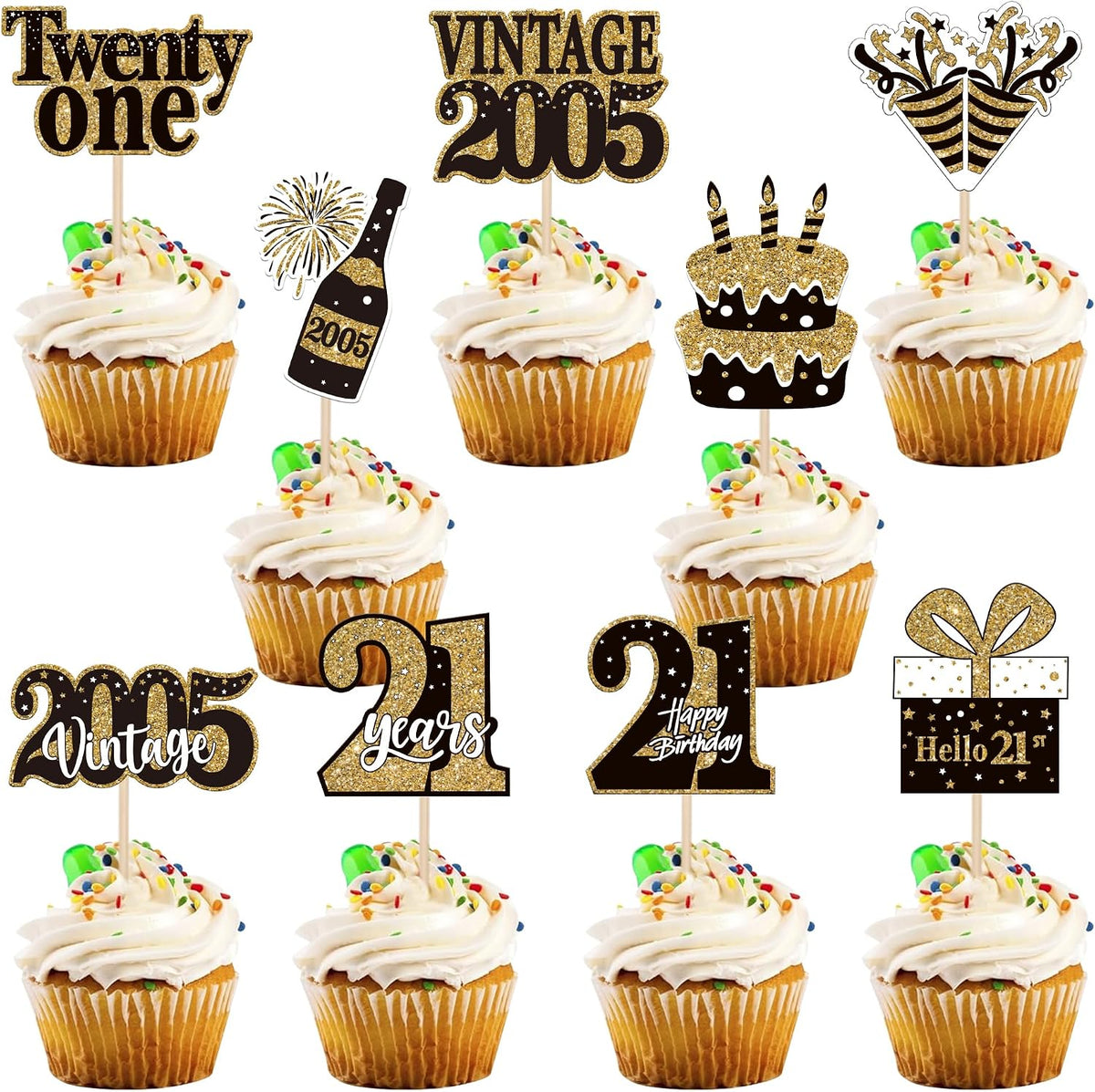 36PCS Happy 80th Birthday Cupcake Toppers Double Sided Black Gold - Vintage / 21st
