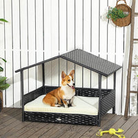 PawHut Wicker Dog House Outdoor with Canopy, Rattan Dog Bed with Water-Resistant Cushion, Raised Dog Bed for Small, Medium Dogs up to 66 lbs, 19.75" in Length, Black Wicker, White Cushion