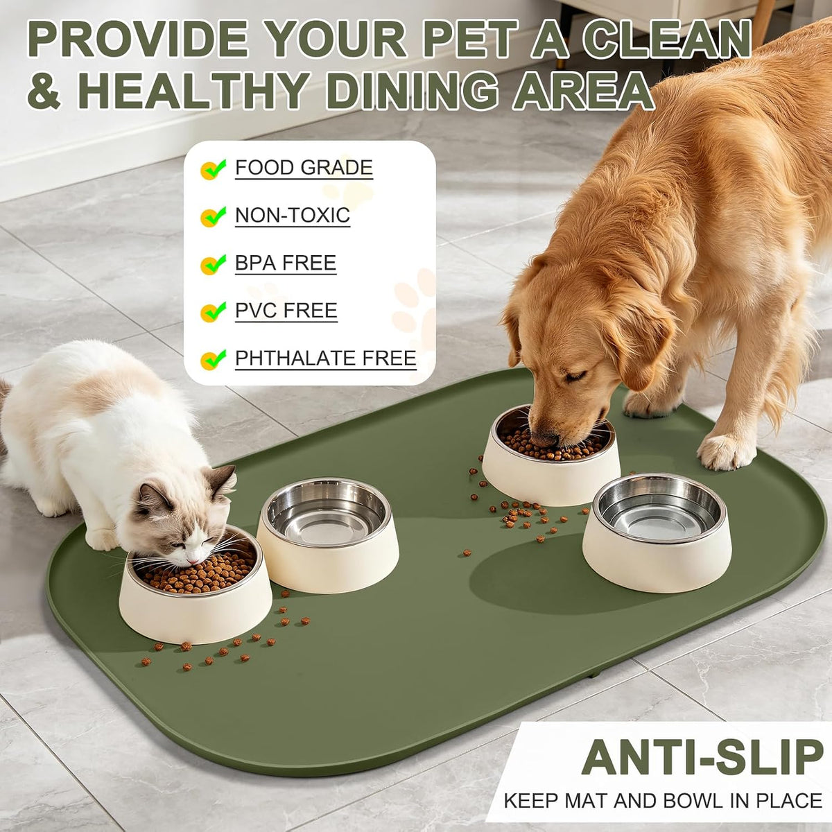 SMILOOL Waterproof Silicone Pet Food Mat with Raised Edge for Dog - Light Olive Green / 36"L x 24"W - image 3