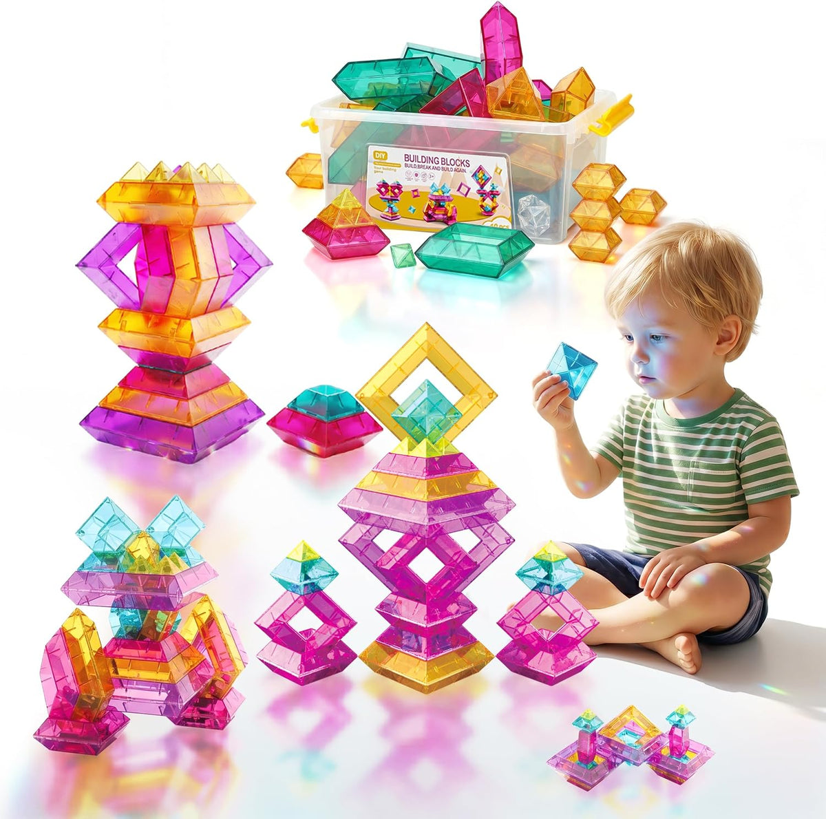 Ggiibro sorting stacking toys, 40 colorful pyramid blocks with storage box - view 2