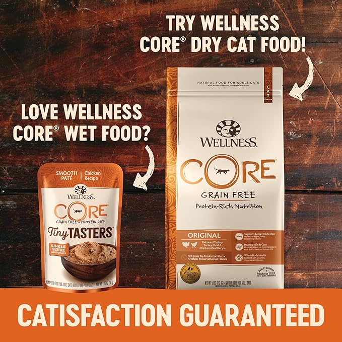 Wellness CORE Tiny Tasters Wet Cat Food, Complete & Balanced Natural Pet Food, Made with Real Meat, 1.75-Ounce Pouch, 12 Pack (Adult Cat, Tuna & Salmon Pate)