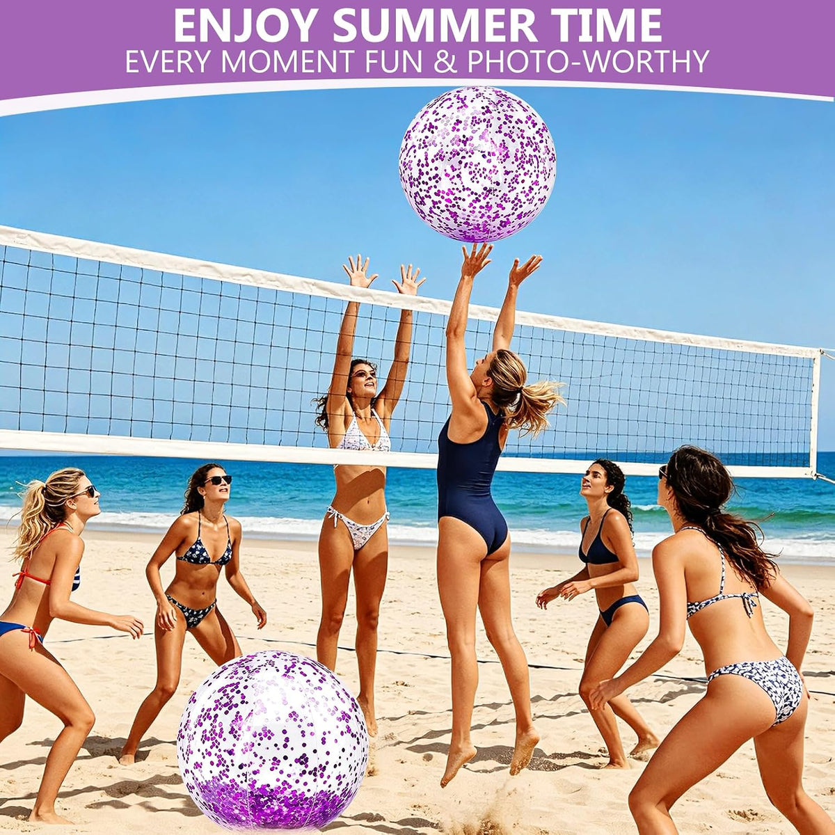TURNMEON 5 Pack Sequins Beach Balls 16 Inch 24 Inch Pool Party - Purple / 2 pcs 24inch+3 pcs 16inch - image 3