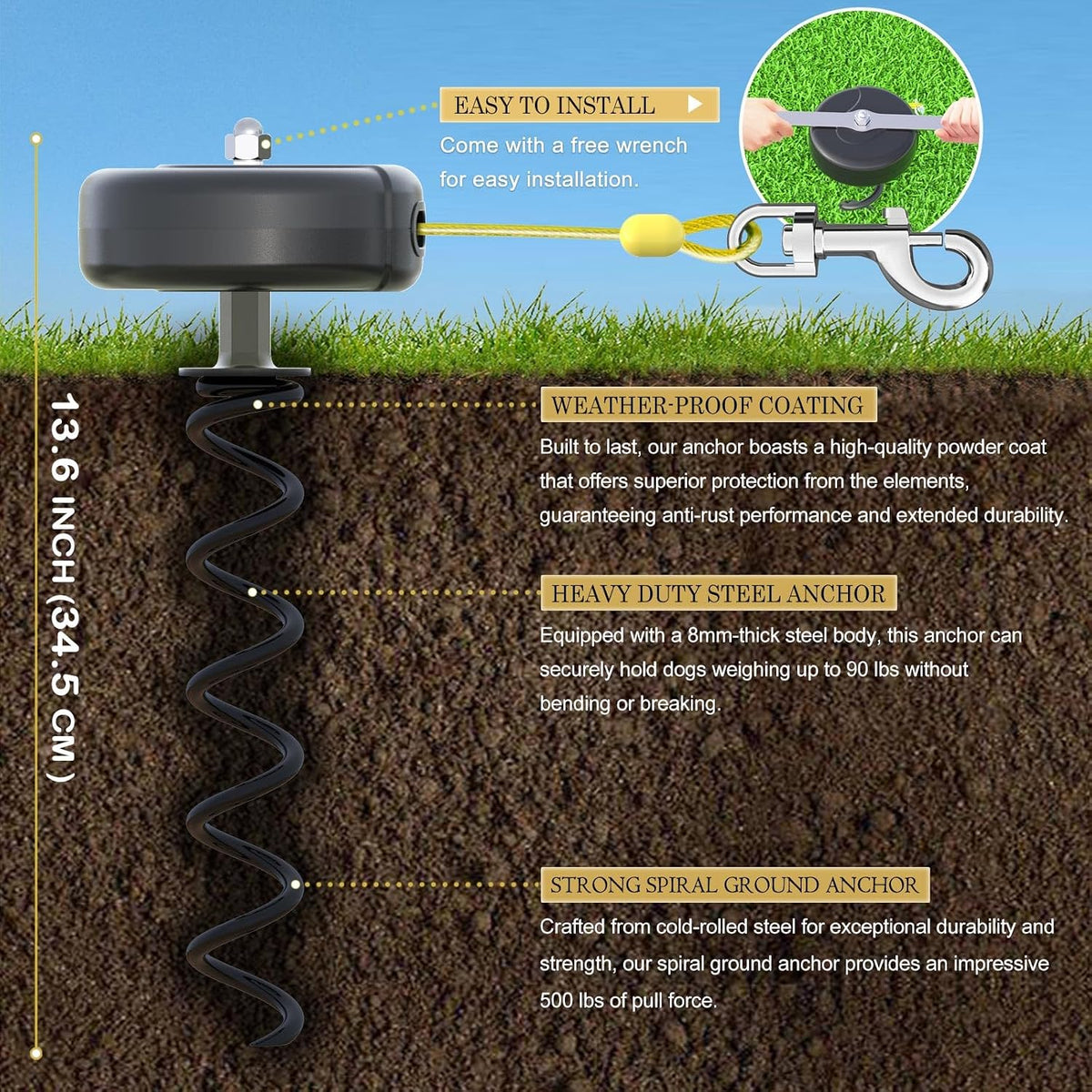 Dog Tie Out Cable and Stake 360° No Tangle Heavy Spiral Yard Stake - image 3