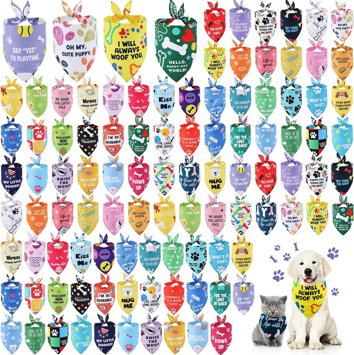 Sweetude 100 Pcs Dog Bandanas Bulk Triangle Bibs Adjustable - Vivid