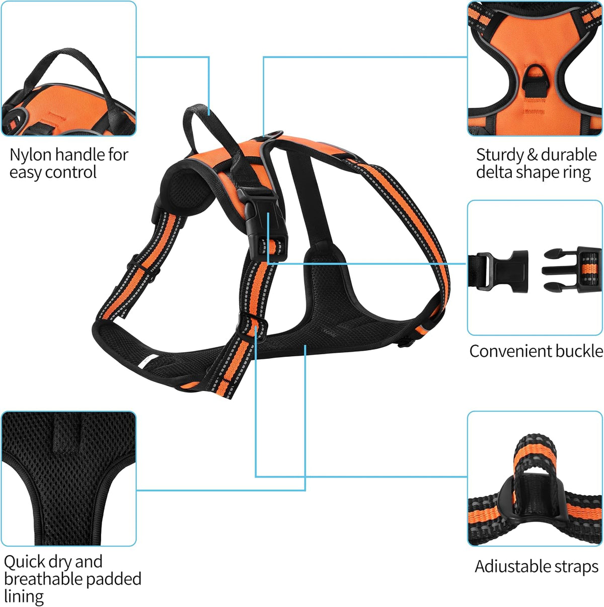 Blue No-Pull Dog Harness with 2 Leash Clips，Soft Padded Vest - Medium / Orange - image 2