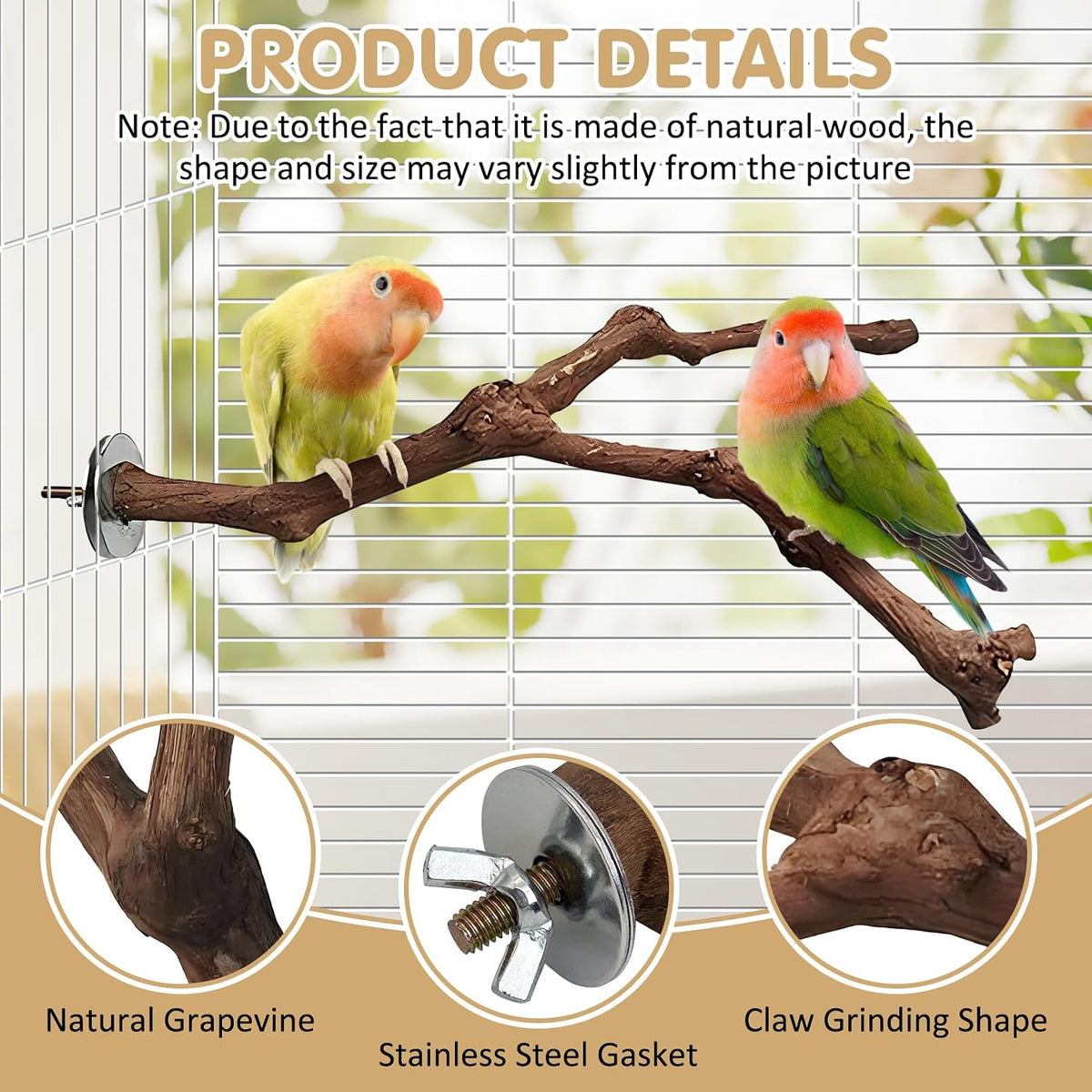 PINVNBY 3 Sizes Natural Parrot Perch Grape Wood Bird Stand Pole - 5.9+7.9+9.8in - image 3