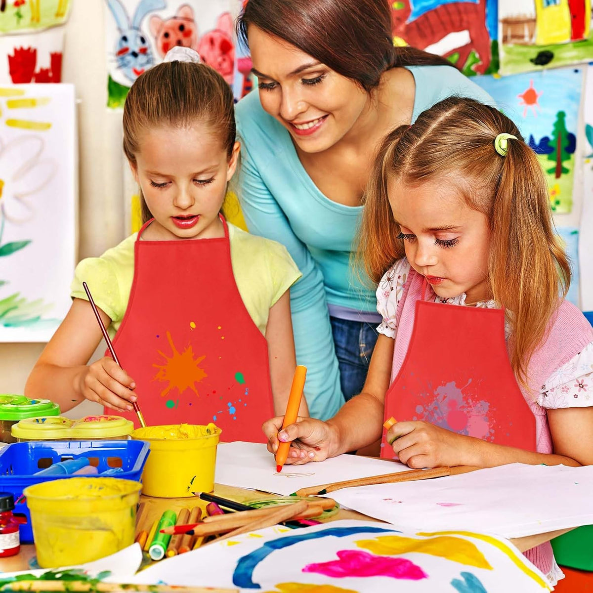 PLULON 8 Pcs Colorful Apron Kids Aprons for Painting Cooking Art Smock – Fun for Kids & Family - Red / 15 - image 4