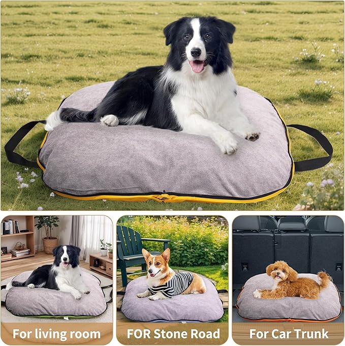 Portable Waterproof Dog Mat for Camping, Patio & Travel - Foldable Outdoor Dog Bed with Teflon Shell & Removable Plush Pad - Easy Clean, Durable - S (Denime Blue)