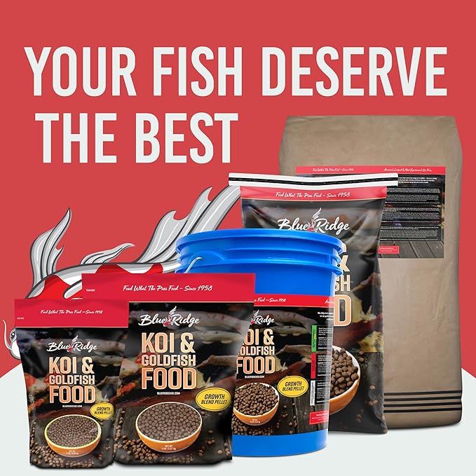 Blue Ridge Koi Fish Food 50lb - Koi Food 3/16” Large and Mini Blend Growth Formula, Goldfish Food, Premium Fish Food for Ponds, Ponds Fish Food, Floating Pond Pellets