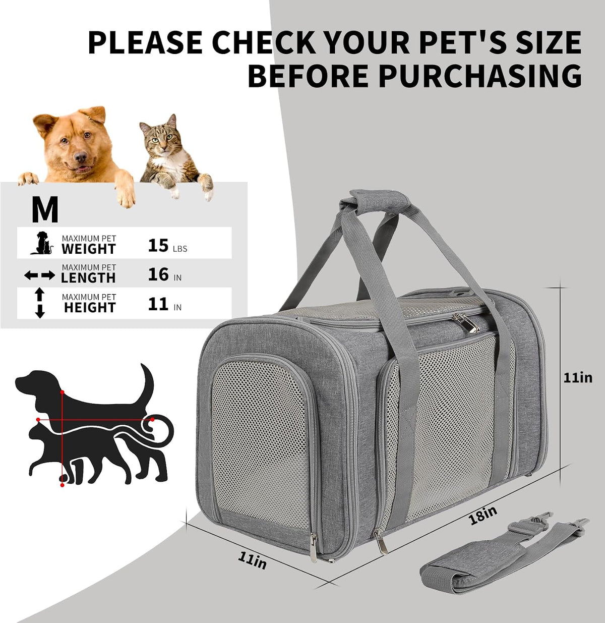 Cat Dog Carriers Soft-Sided - 20.0"L x 13.0"W x 13.0"H / grey - image 4