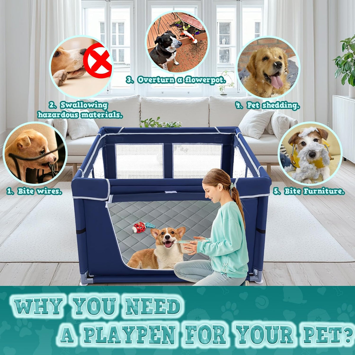 42x42 Inches Puppy Playpen with Gate - Blue / 42x42 IN With Pad - image 2