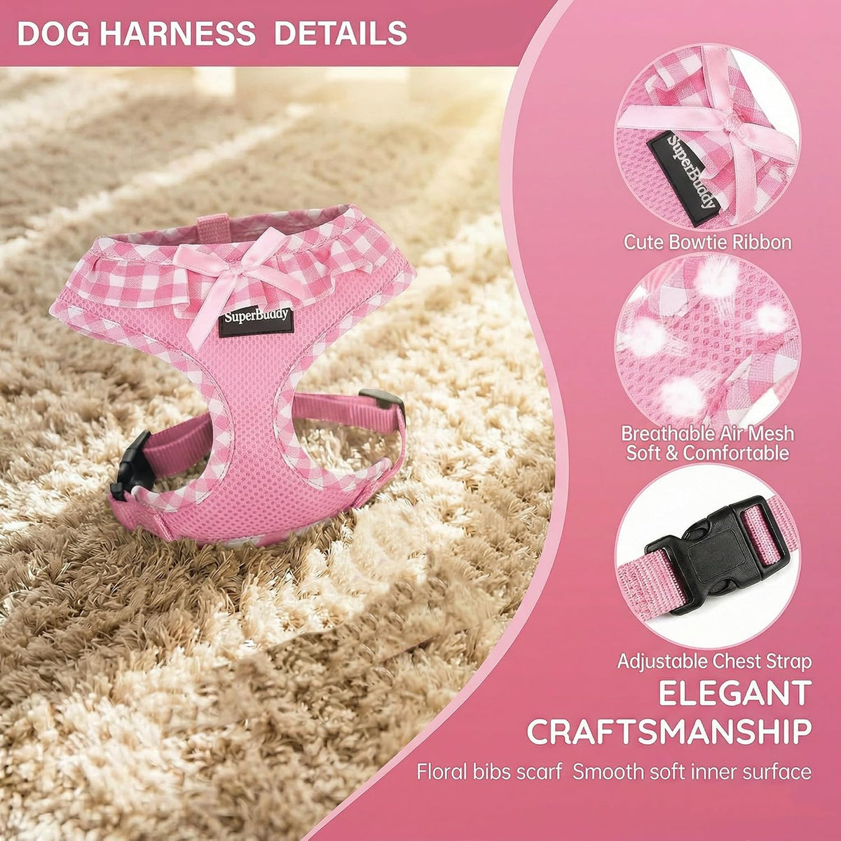 SuperBuddy Upgraded Soft Mesh Dog Harness - L (Neck Girth 15"; Chest Girth: 18.1"-24") / Adorable Pink - image 3