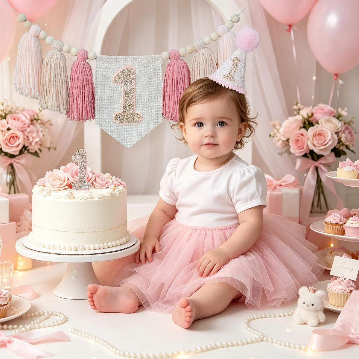 First Birthday Decorations for Boy Blue One Year Old High Chair - Bright Pink - image 3