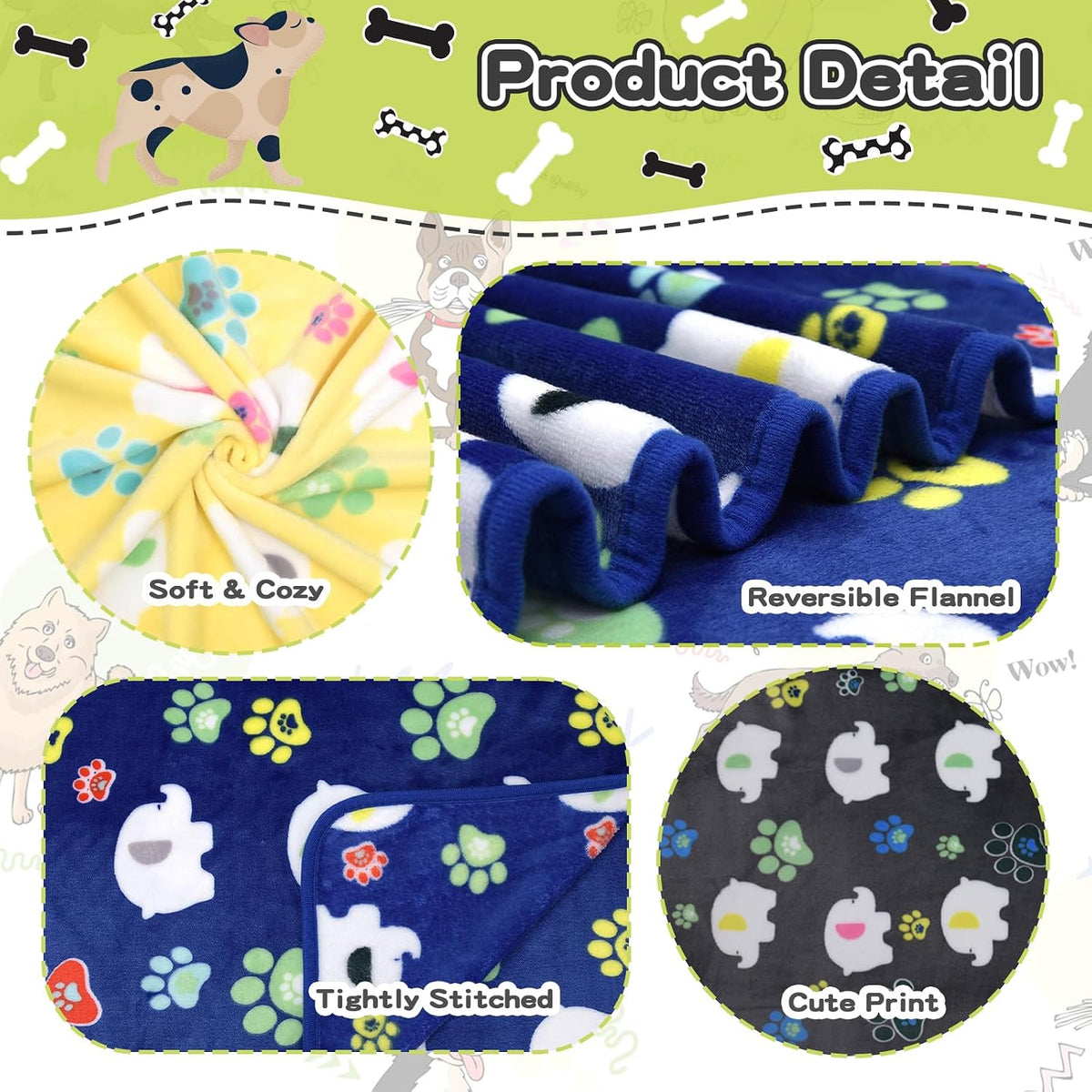 Rezutan Blanket for Large Dogs & Cats Soft Reversible Cute Paw 40"x31" – Essentials for Dogs - Grey/Blue/Yellow / Medium,30x20Inch - image 2