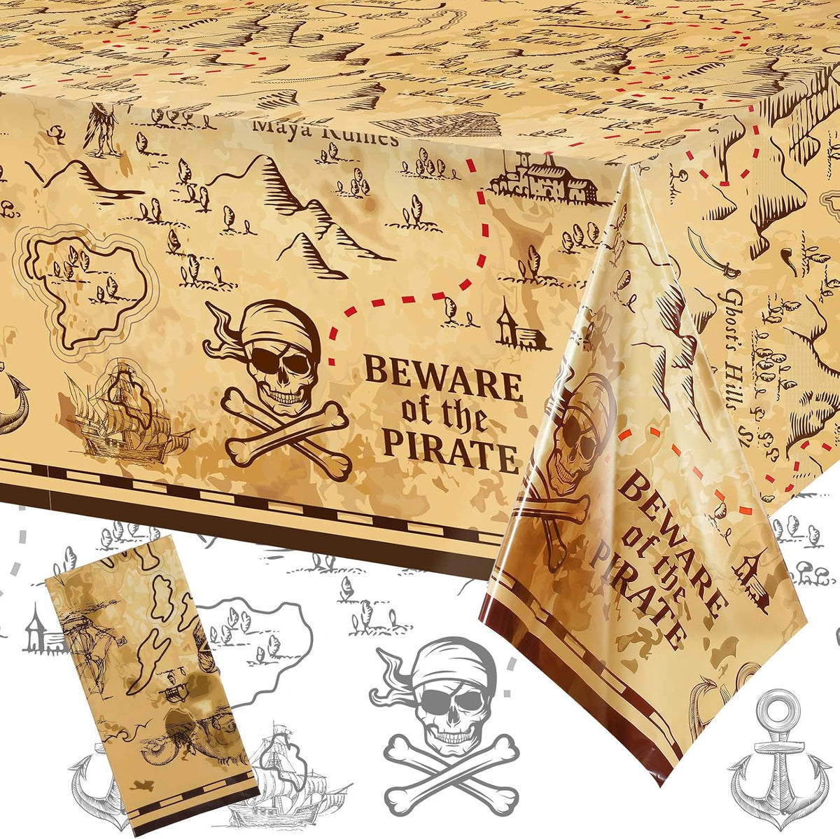 Irenare pirate tablecloth printed with a treasure map, skeleton, boat, mountain and treasure chest - view 2