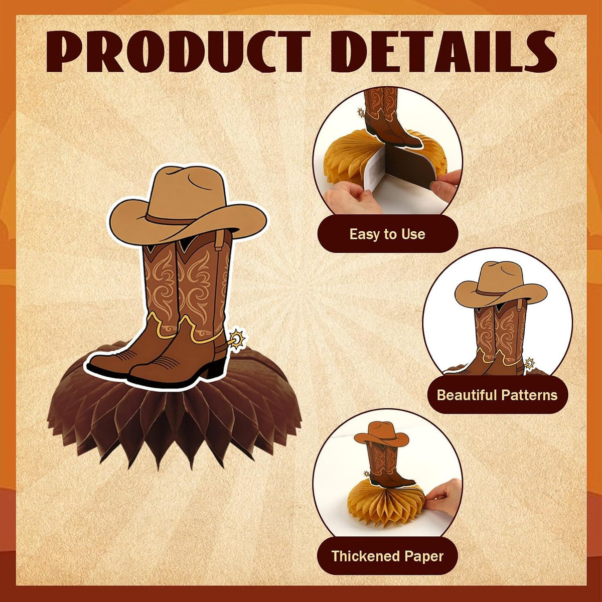 10 Pcs 80s Party Decorations, 1980s Table Honeycomb Centerpieces – Fun for Kids & Family - Western Cowboy Boot Style - image 2