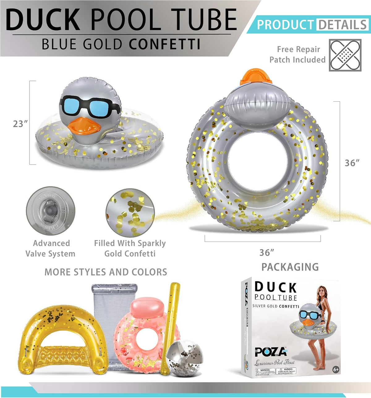 POZA inflatable duck pool float tube with gold confetti, sunglasses and orange beak - view 10