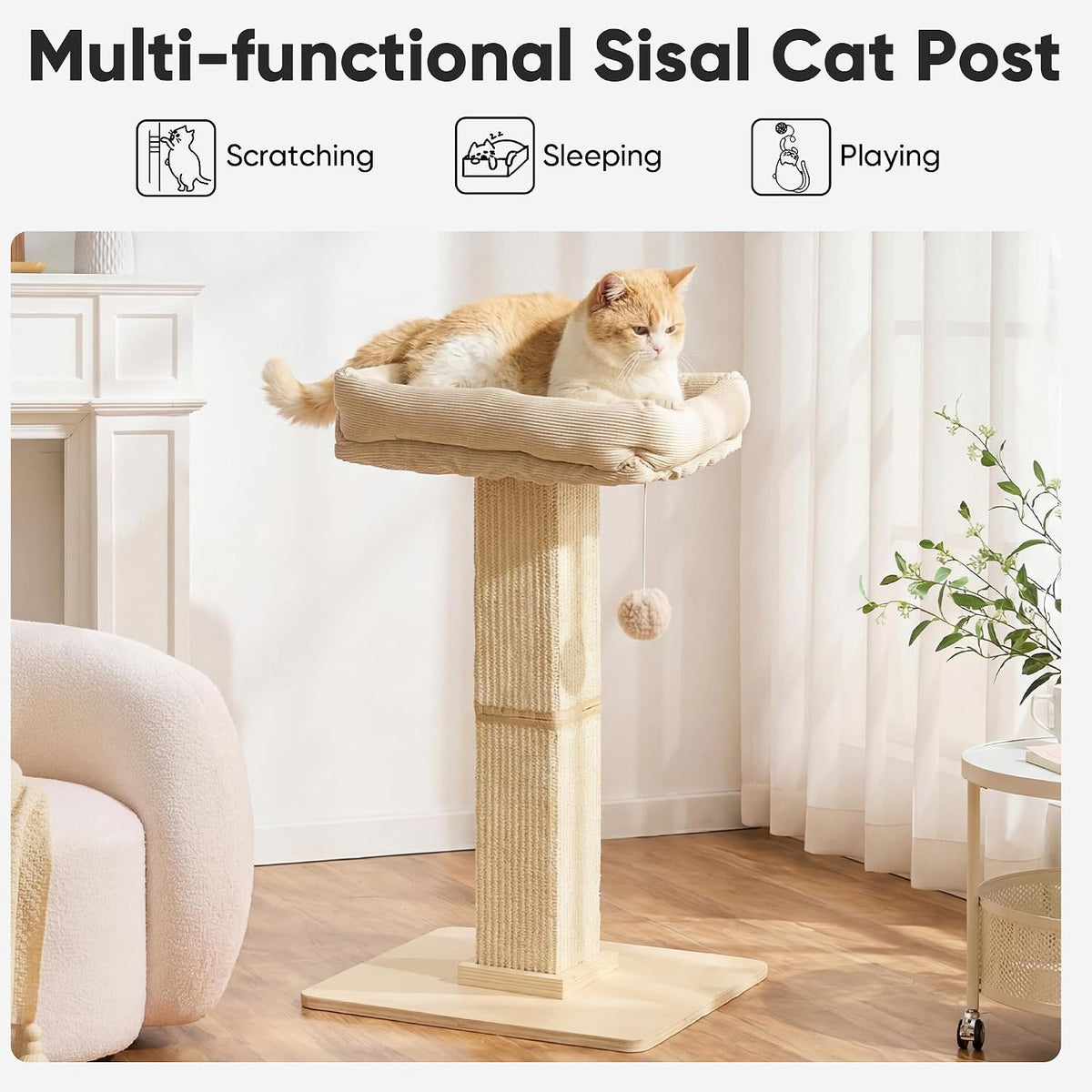 FUKUMARU Retro-Style Cat Scratching Post with Perch for Indoor Adult - Beige - image 2