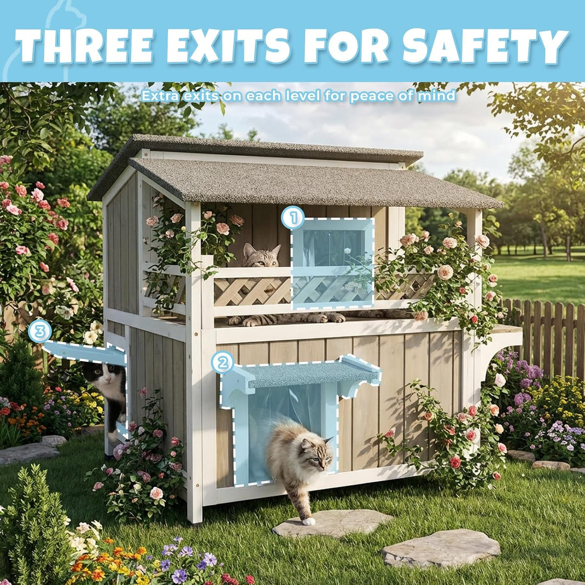 Outdoor & Indoor Wooden Cat House - 2-Story Condo – 30"W - image 3