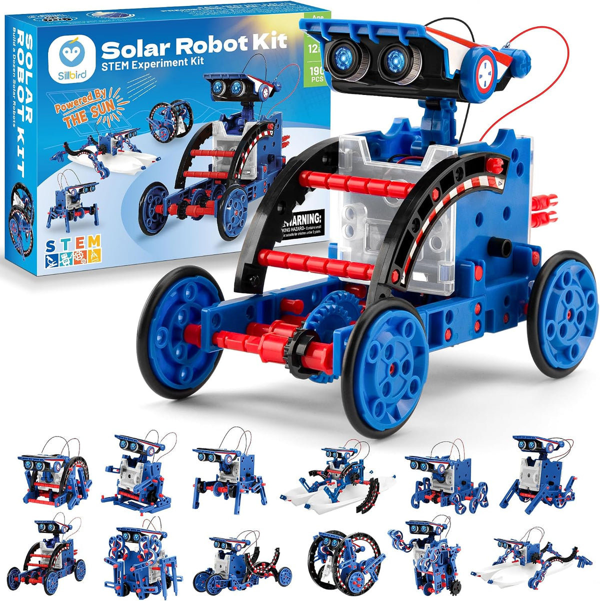Sillbird 12-in-1 Solar Robot Building Kit STEM Gift for Boys Ages 8-13 – Fun for Kids & Family - Blue-red
