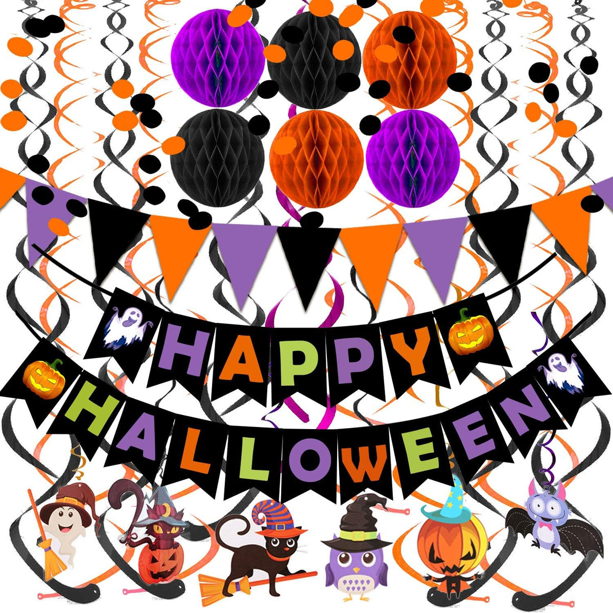 Fecedy Happy Halloween Banner Triangular bunting Paper flower fans - Halloween,black,orange,purple