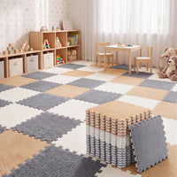 Amylove 18 Pcs Plush Foam Interlocking Carpet Tiles, Beige, Pink - White, Light Gray, Camel