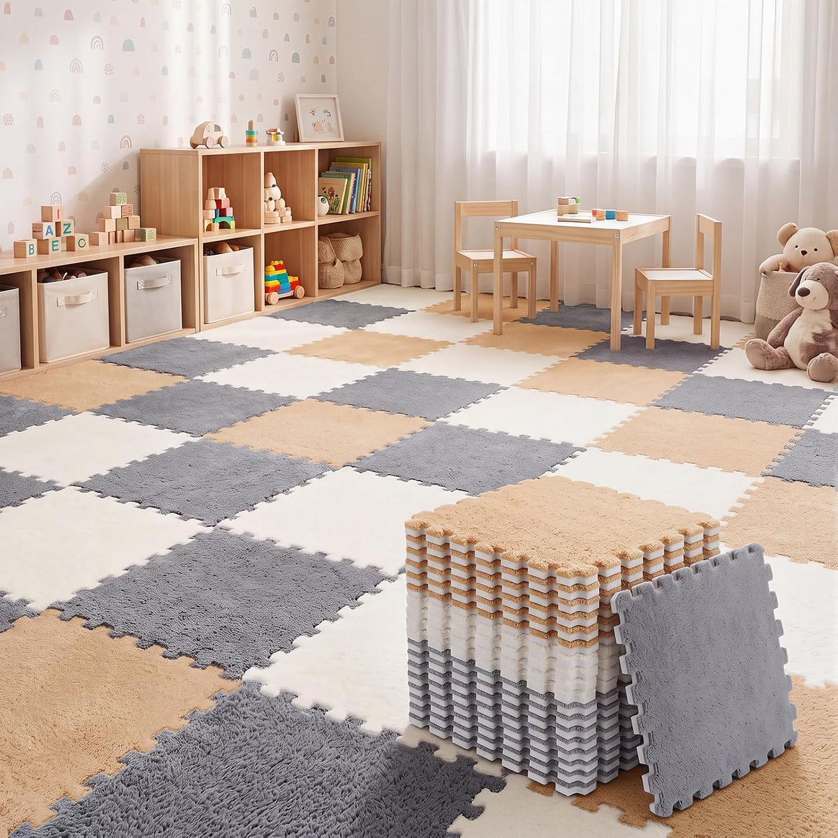 Amylove 18 Pcs Plush Foam Interlocking Carpet Tiles, Beige, Pink - White, Light Gray, Camel