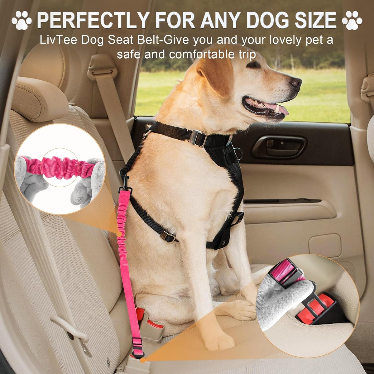 Dog Seat Belt for Car, Retractable Pet Safety Harness - Pink-2PCS - image 2
