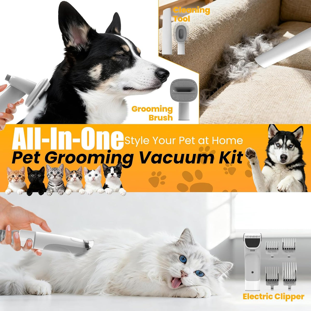 Dog Grooming Vacuum, All-in-One Pet Grooming Kit with Hair Clipper & Shedding Brush, Low Noise - White - image 3