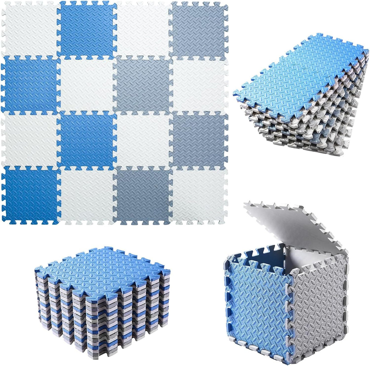 16 Tiles Foam Play Mat, Soft & Safe EVA Foam Mats for Floor - White/Gray/Gray Blue - image 2