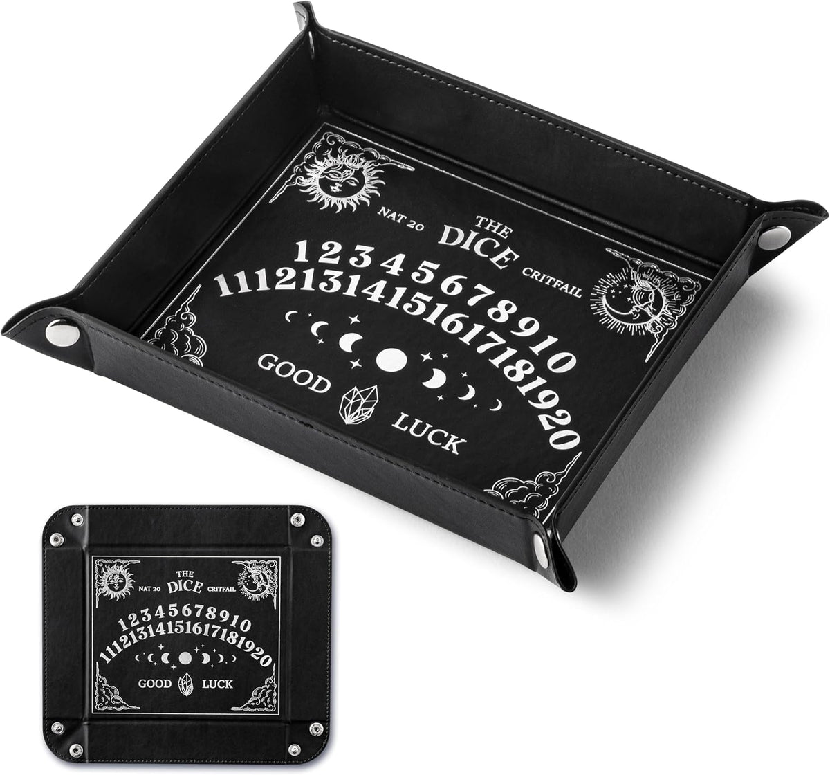 Haooryx Ouija design folding PU leather dice tray with raised edges and snap closure