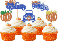 24 PCS Pumpkin Oh Baby Cupcake Toppers Glitter Fall Theme pumpkin - Design 8 Dark Blue
