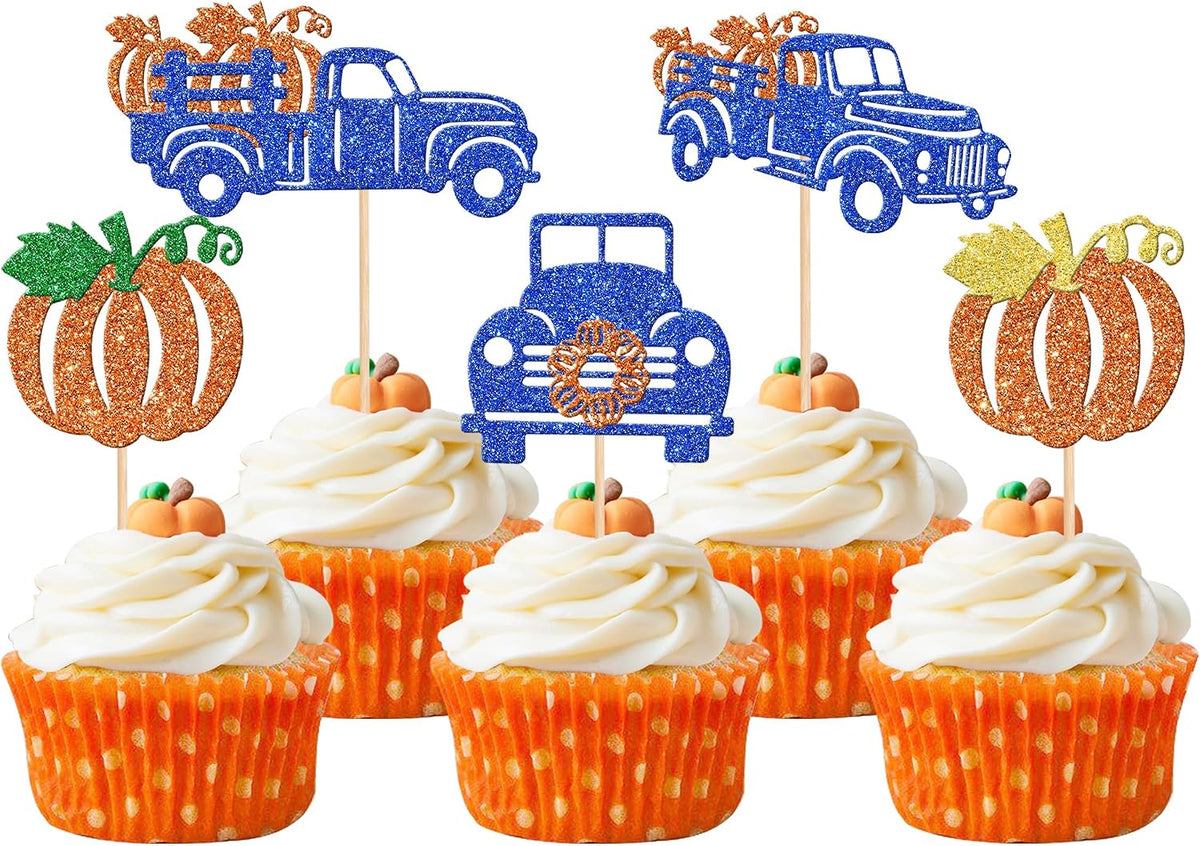 24 PCS Pumpkin Oh Baby Cupcake Toppers Glitter Fall Theme pumpkin - Design 8 Dark Blue