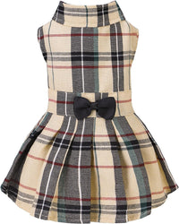 PUPTECK Classic Beige Plaid Dog Dress with Bow Puppy Skirt Clothes M – Essentials for Dogs - Beige(Classic Plaid) / Medium