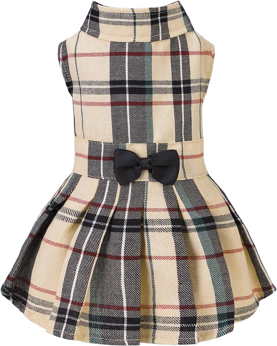 PUPTECK Classic Beige Plaid Dog Dress with Bow Puppy Skirt Clothes M – Essentials for Dogs - Beige(Classic Plaid) / Medium