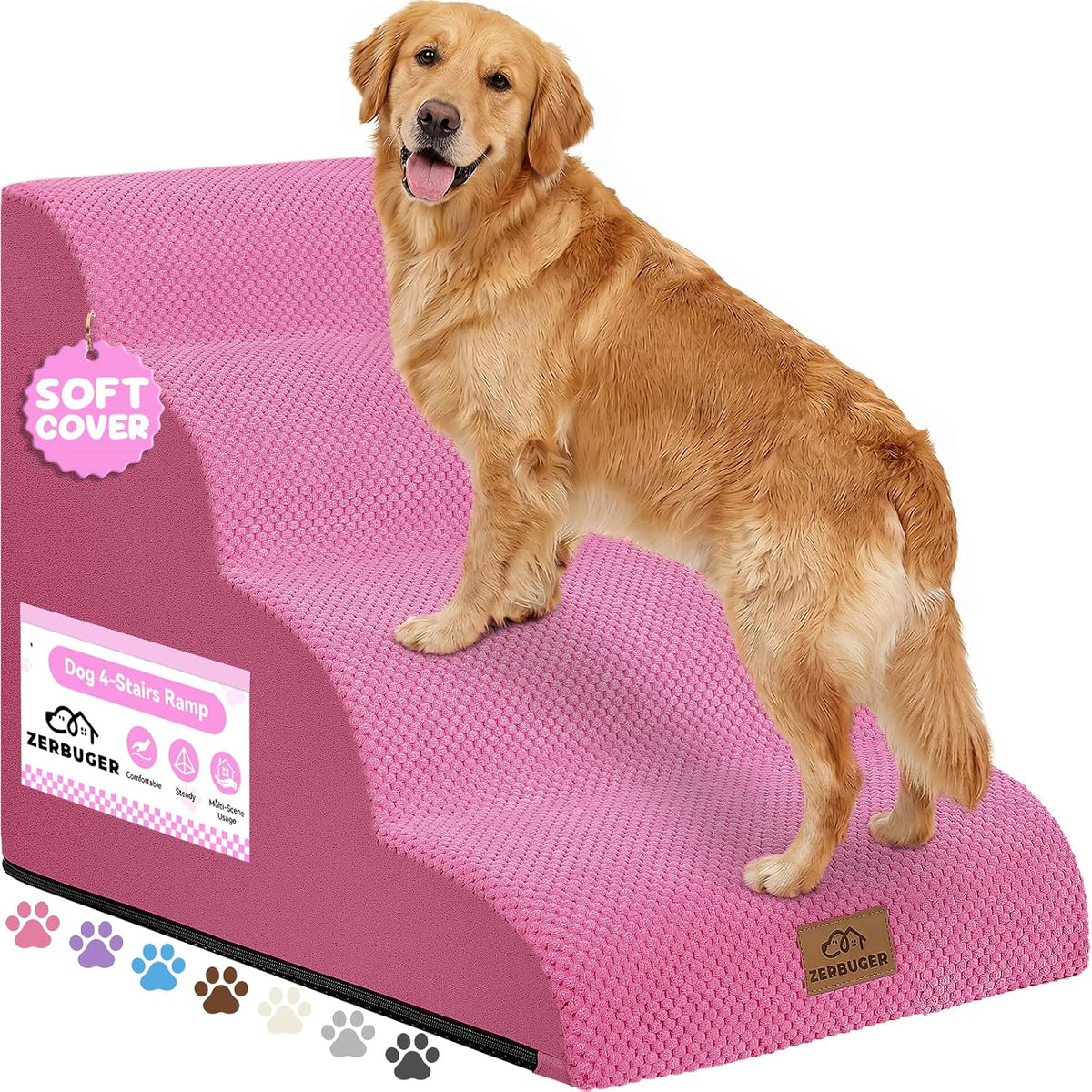 Zerbuger Dog Ramp and Stairs for Bed, Coffee 3 Steps 16" H - Pink / 4