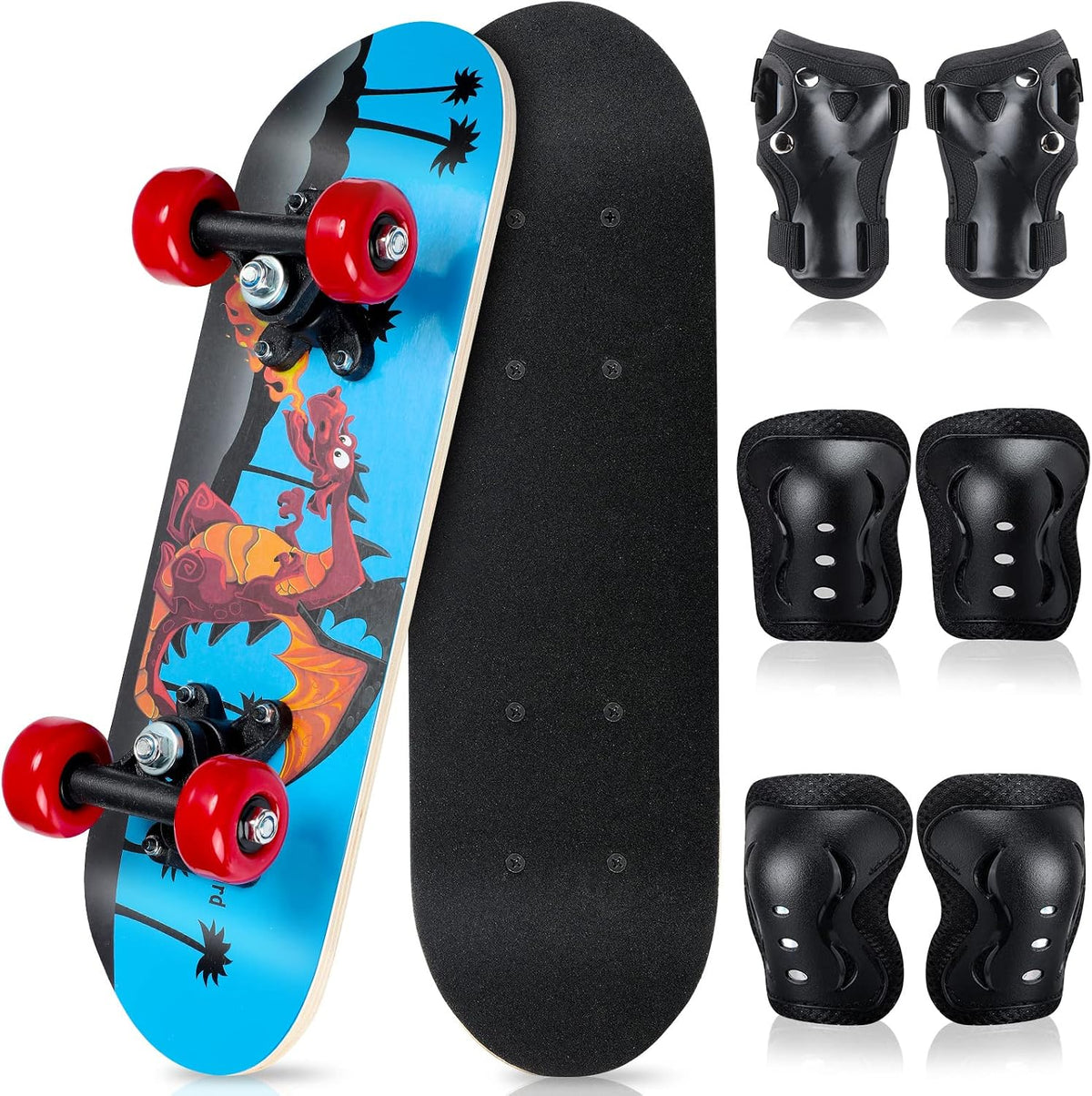 Honoson kids skateboard set with dinosaur print maple deck and black knee pads, elbow pads and wrist - view 9