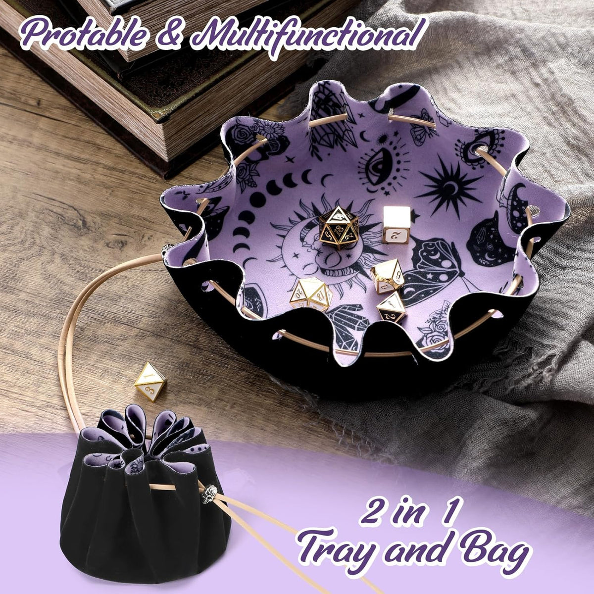 CiyvoLyeen Dice Bag and Tray for Rolling and Storage Black Felt Velvet – Fun for Kids & Family - Black - image 4