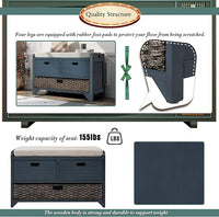Storage Bench Removable Basket 2 Drawers Fully Assembled Acacia Wood Shoe Bench Standing Shoe Rack Removable Cushion for Living Room, Entrance Hallway, No Assembly Required Navy