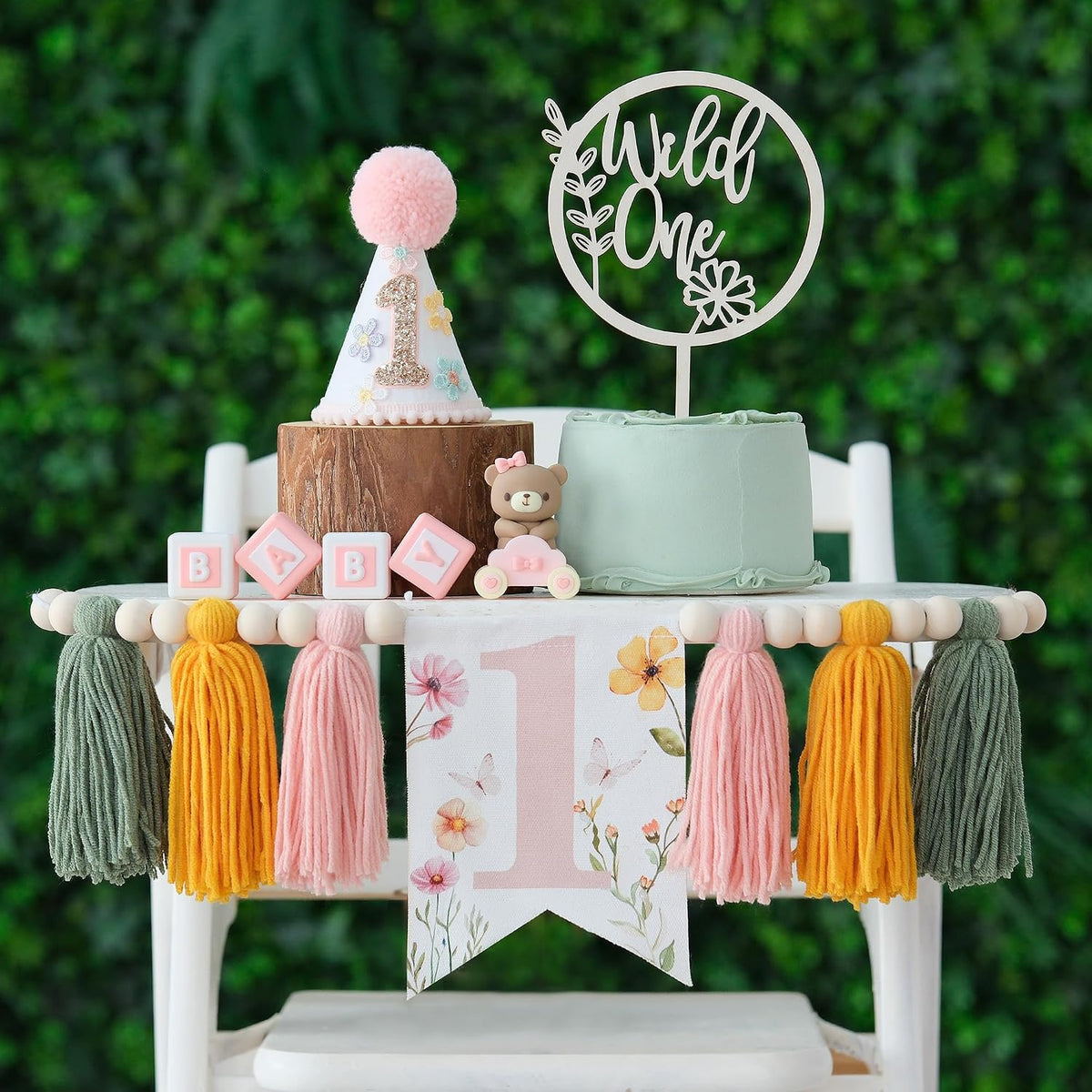 First Birthday Decorations for Boy Blue One Year Old High Chair - pink yellow green