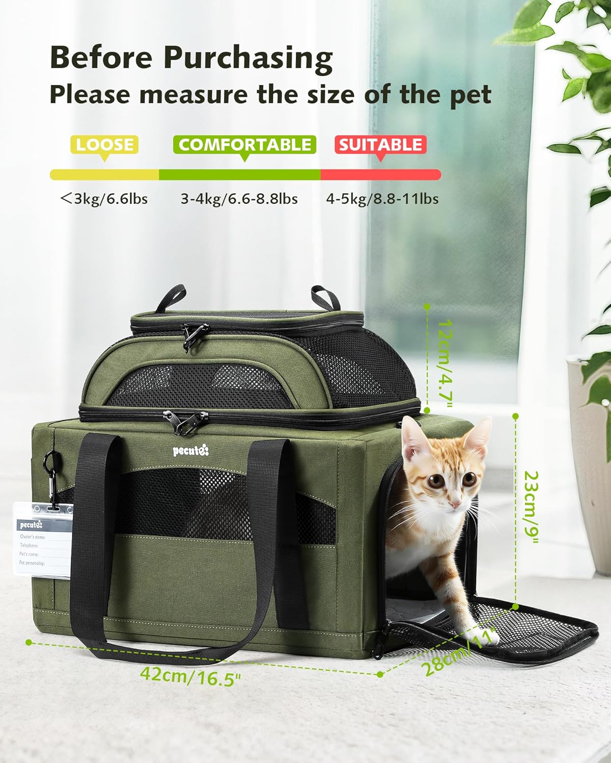 Pecute Expandable Airline Approved Pet Carrier for Cats & Dogs - Dark Green / Top Expandable - image 2