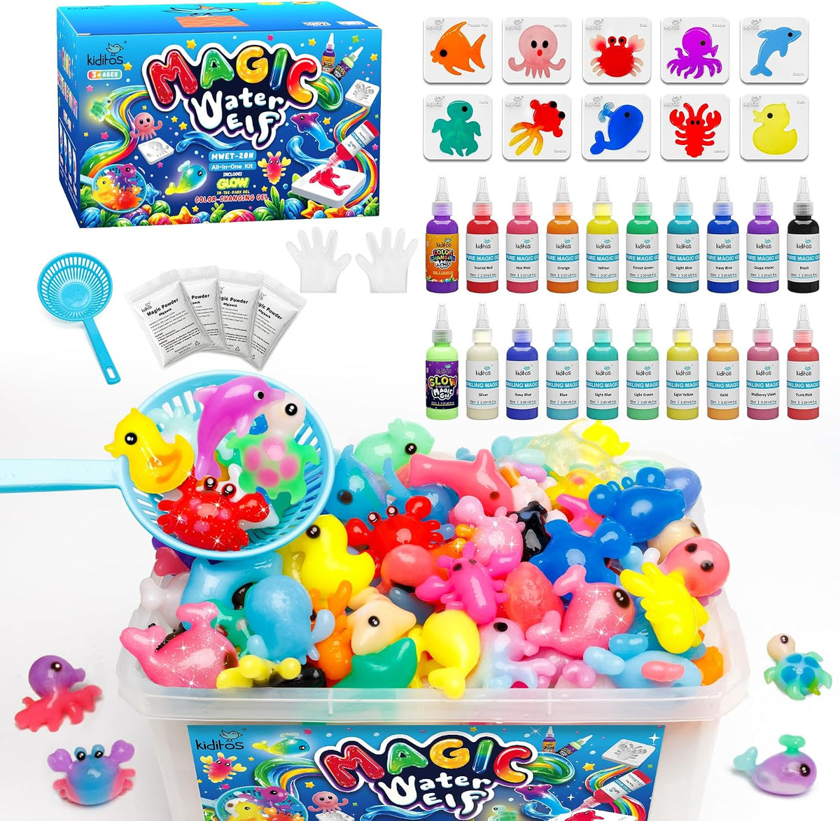 Kiditos Magic Water Elf Toy Kit, Squishies for Kids - 20 Sea Creature Colors / 20 Count (4 Packs of 5)