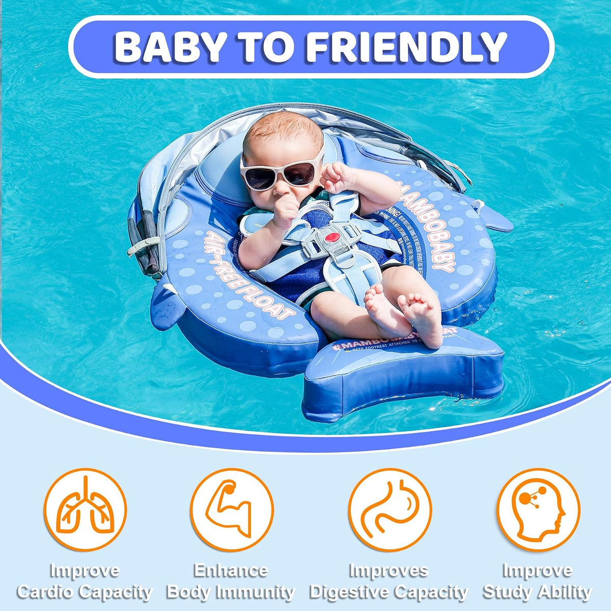 Mambobaby Baby Float with Canopy & Tail Non-Inflatable Baby Swim - SHARK BLUE - image 4